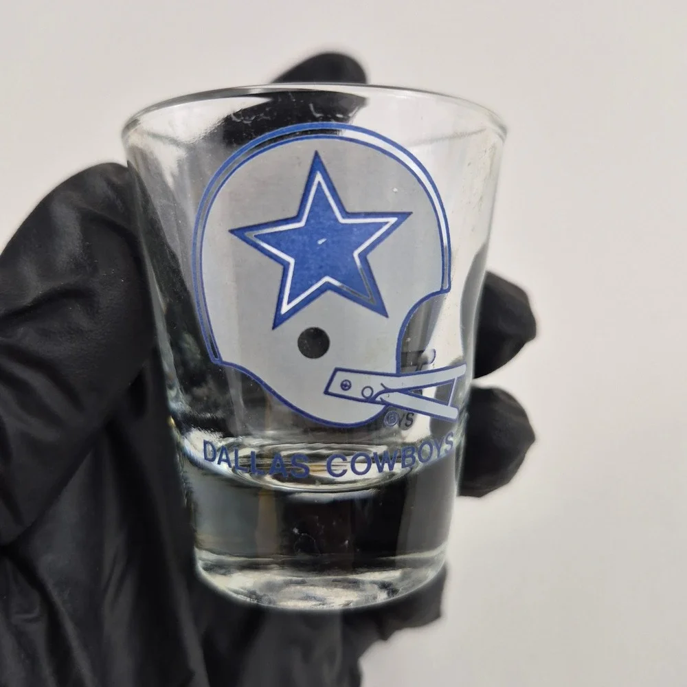 Dallas Cowboys NFL Shot Glass Set Clear Glass Blue Silver Helmet Logo 2 Piece
